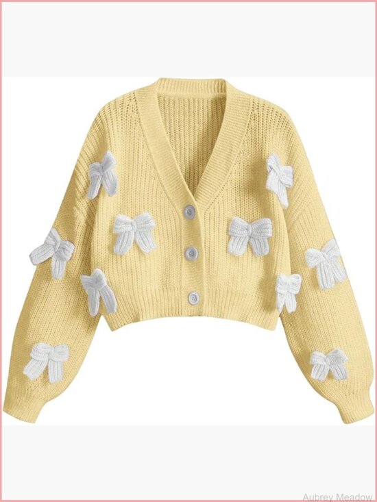 Sweaters - Women's V-Neck Bow Cardigan Sweater Button Down Long Sleeve Knit